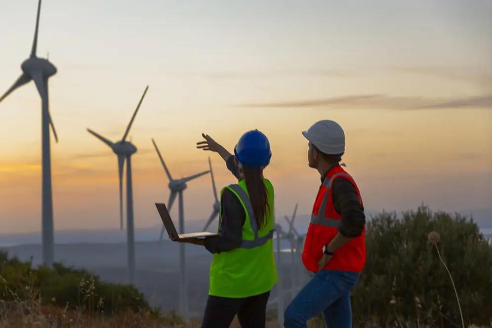 Un homme et une femme de dos devant des éoliennes