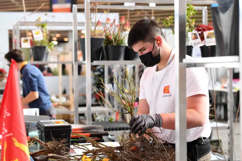 Homme en travaux d'horticulture en comp&eacute;tition